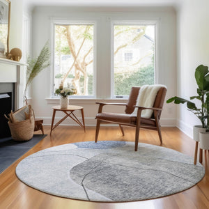 HomeRoots 8' Blue And Gray Abstract Washable Round Rug – Stylish, Stain-Resistant, UV Protected for Busy Homes 655588