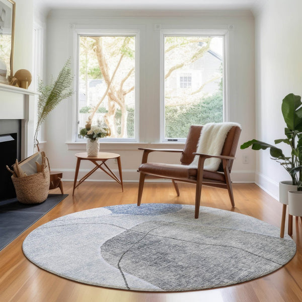 HomeRoots 8' Blue And Gray Abstract Washable Round Rug – Stylish, Stain-Resistant, UV Protected for Busy Homes 655588