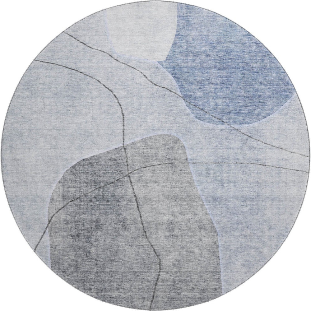 HomeRoots 8' Blue And Gray Abstract Washable Round Rug – Stylish, Stain-Resistant, UV Protected for Busy Homes 655588