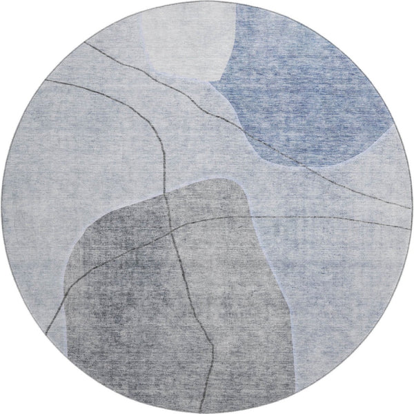 HomeRoots 8' Blue And Gray Abstract Washable Round Rug – Stylish, Stain-Resistant, UV Protected for Busy Homes 655588