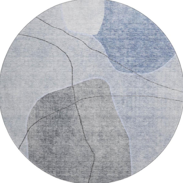 HomeRoots 8' Blue And Gray Abstract Washable Round Rug – Stylish, Stain-Resistant, UV Protected for Busy Homes 655588