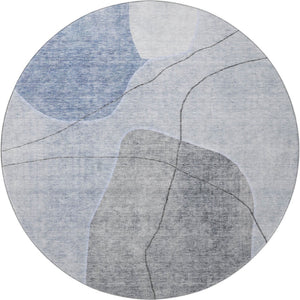 HomeRoots 8' Blue And Gray Abstract Washable Round Rug – Stylish, Stain-Resistant, UV Protected for Busy Homes 655588
