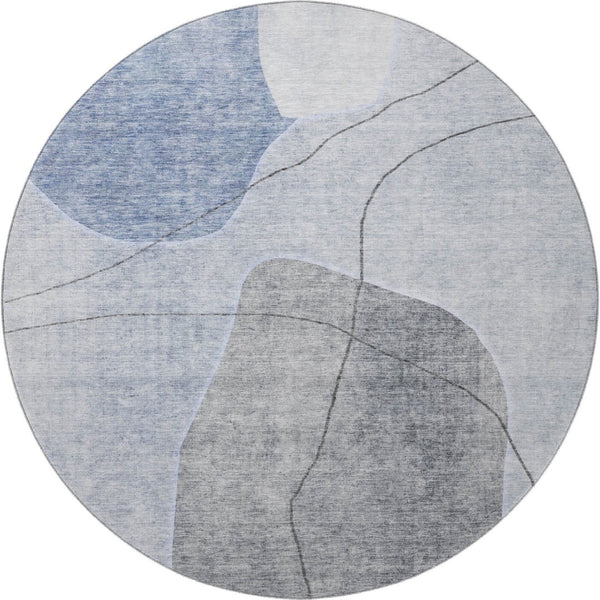 HomeRoots 8' Blue And Gray Abstract Washable Round Rug – Stylish, Stain-Resistant, UV Protected for Busy Homes 655588