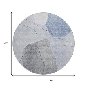 HomeRoots 8' Blue And Gray Abstract Washable Round Rug – Stylish, Stain-Resistant, UV Protected for Busy Homes 655588
