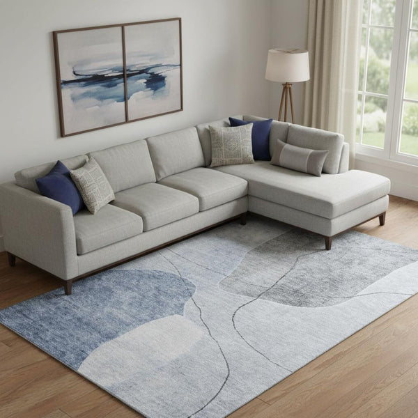 HomeRoots 10' Blue and Gray Abstract Washable Area Rug - Durable, UV-Protected Design for Modern Living Spaces 655591