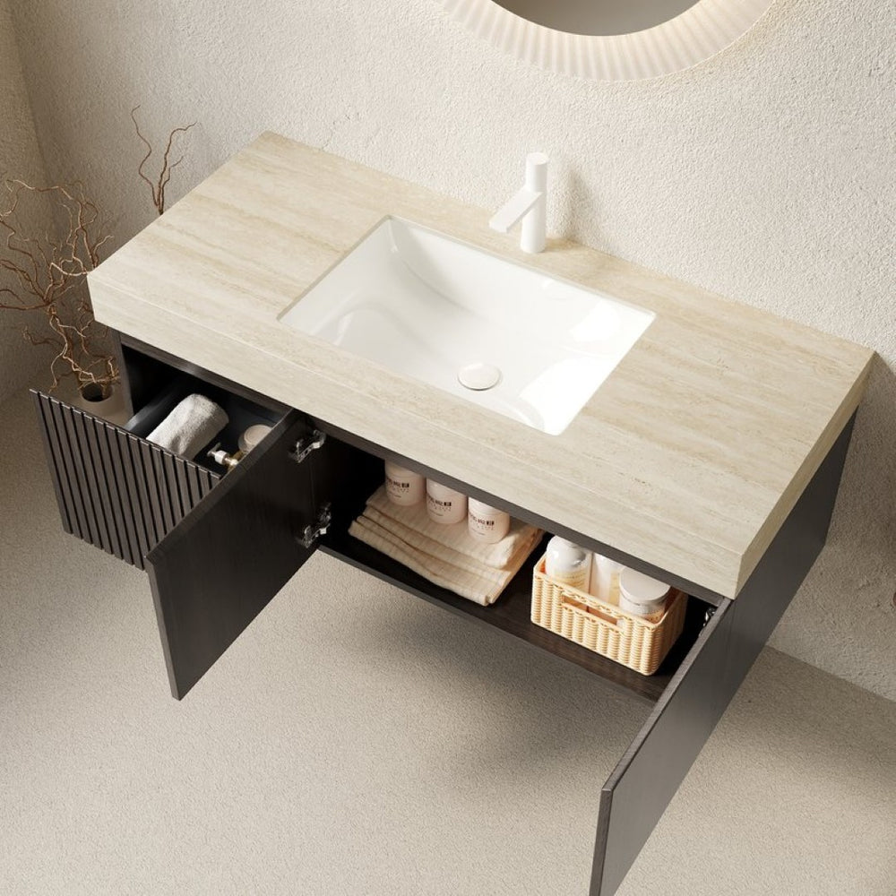 English Elm Muri Floating Bathroom Vanity Espresso Plywood Travertine Stone Top Soft Close W2615S00603