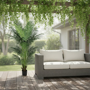 HomeRoots 7" Green Artificial Palm in Stylish Black Cement Pot - No Maintenance, Perfect for Any Space! 655612