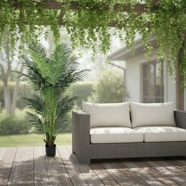 HomeRoots 7" Green Artificial Palm in Stylish Black Cement Pot - No Maintenance, Perfect for Any Space! 655612