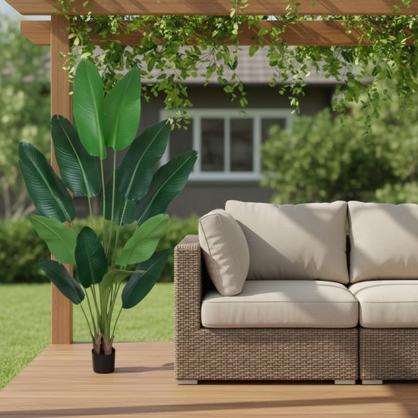 HomeRoots Set of Two 7" Green Artificial Banana Leaf Plants in Chic Black Cement Pots – Low Maintenance Decor 655617