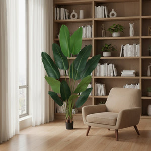 HomeRoots Set of Two 7" Green Artificial Banana Leaf Plants in Chic Black Cement Pots – Low Maintenance Decor 655617