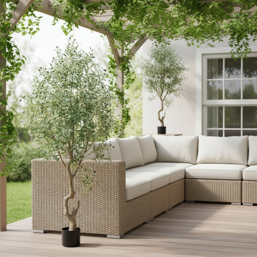 HomeRoots 8" Green Artificial Olive Tree in Stylish Black Cement Pot – Low-Maintenance Home Décor Accent 655618