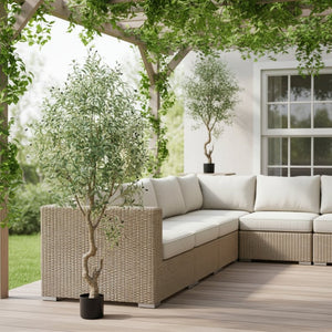 HomeRoots 8" Green Artificial Olive Tree in Stylish Black Cement Pot – Low-Maintenance Home Décor Accent 655618