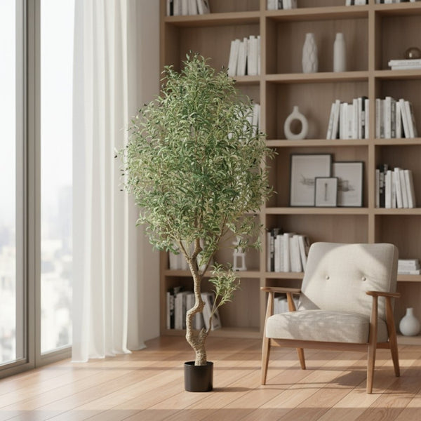 HomeRoots 8" Green Artificial Olive Tree in Stylish Black Cement Pot – Low-Maintenance Home Décor Accent 655618