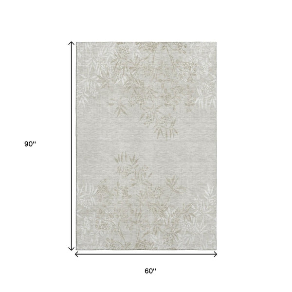 HomeRoots 5' X 8' Beige And Ivory Floral Area Rug – Washable, UV-Resistant, Stain-Proof for Homes with Kids & Pets 655628