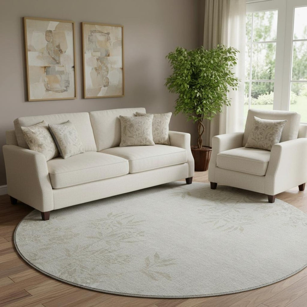 HomeRoots 8' Elegant Beige and Ivory Floral Washable Round Rug – Stain Resistant, UV Protected, Kid-Friendly! 655629