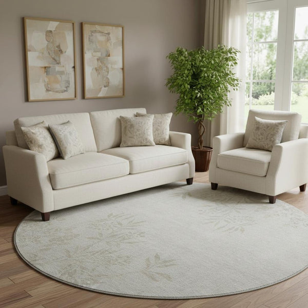 HomeRoots 8' Elegant Beige and Ivory Floral Washable Round Rug – Stain Resistant, UV Protected, Kid-Friendly! 655629