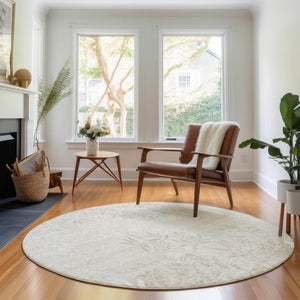 HomeRoots 8' Elegant Beige and Ivory Floral Washable Round Rug – Stain Resistant, UV Protected, Kid-Friendly! 655629