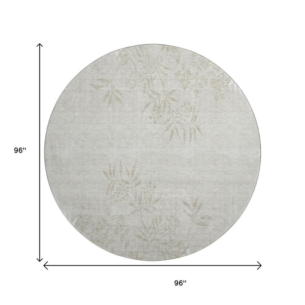 HomeRoots 8' Elegant Beige and Ivory Floral Washable Round Rug – Stain Resistant, UV Protected, Kid-Friendly! 655629