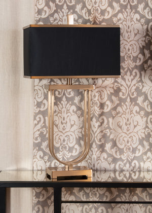 Wildwood Valiant Iron Table Lamp With Antique Brass Finish, Rectangular Black Silkette Shade, Compact 31" H 65563