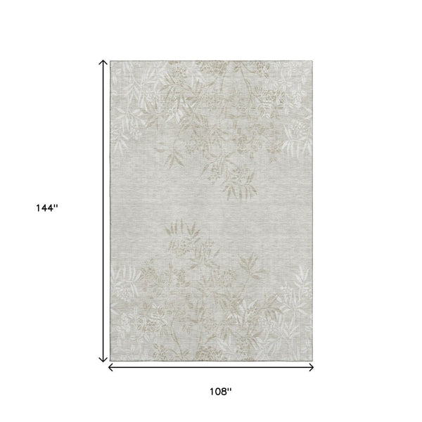 HomeRoots 9' X 12' Beige & Ivory Floral Area Rug – Washable, Stain-Resistant, UV Protected for Family Homes 655631