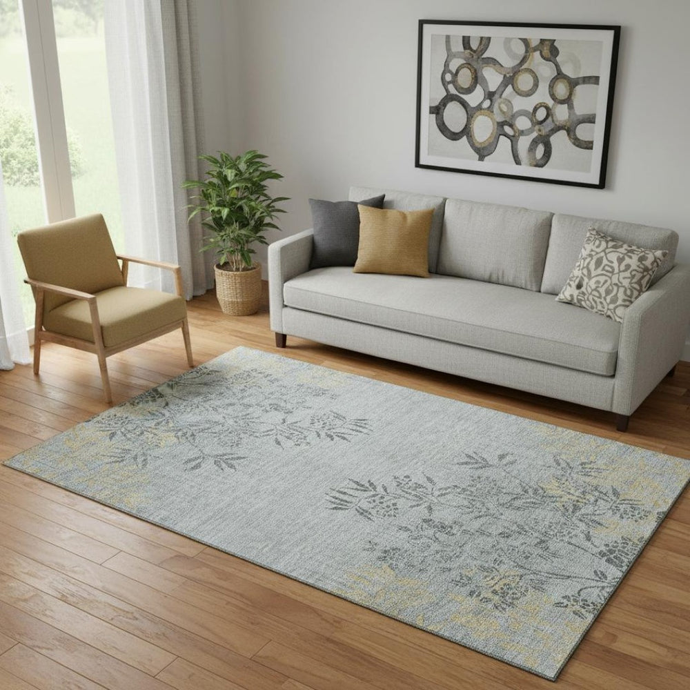 HomeRoots 5' X 8' Gray and Gold Floral Area Rug - Stain Resistant, UV Protected, Washable for Busy Homes! 655634