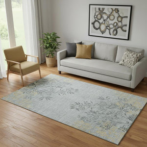 HomeRoots 5' X 8' Gray and Gold Floral Area Rug - Stain Resistant, UV Protected, Washable for Busy Homes! 655634
