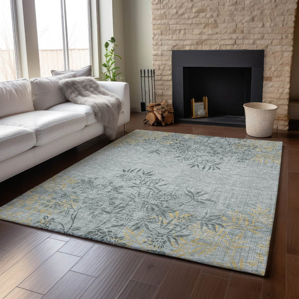 HomeRoots 5' X 8' Gray and Gold Floral Area Rug - Stain Resistant, UV Protected, Washable for Busy Homes! 655634