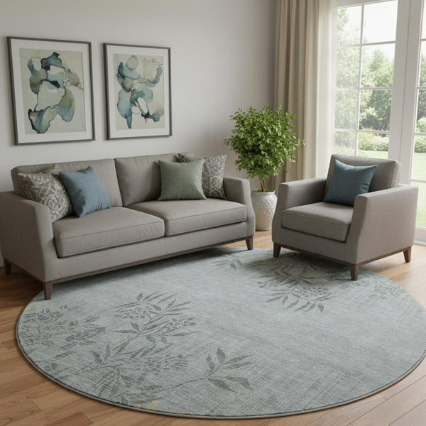 HomeRoots 8' Gray and Gold Floral Round Rug - Washable, UV-Protected, Elegant Design for Homes & Patios 655635