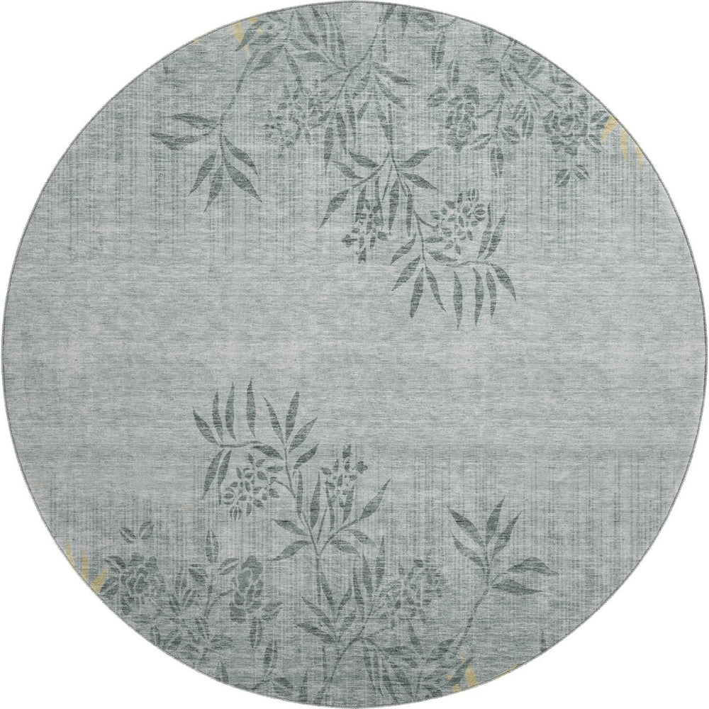 HomeRoots 8' Gray and Gold Floral Round Rug - Washable, UV-Protected, Elegant Design for Homes & Patios 655635