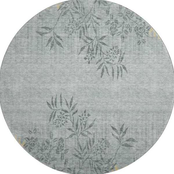 HomeRoots 8' Gray and Gold Floral Round Rug - Washable, UV-Protected, Elegant Design for Homes & Patios 655635