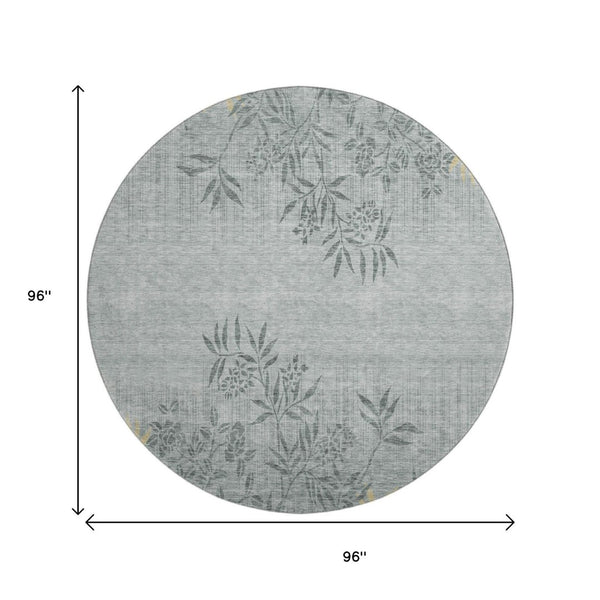 HomeRoots 8' Gray and Gold Floral Round Rug - Washable, UV-Protected, Elegant Design for Homes & Patios 655635