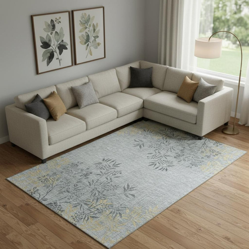 HomeRoots 8' X 10' Gray and Gold Floral Area Rug – Durable, Washable, UV-Protected, Perfect for Busy Homes! 655636