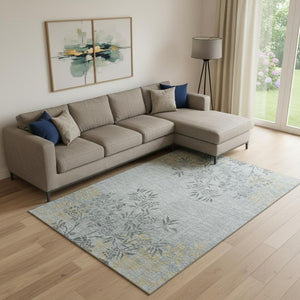 HomeRoots 9' X 12' Gray and Gold Floral Area Rug – Stylish, Washable, UV-Protected for High-Traffic Spaces 655637
