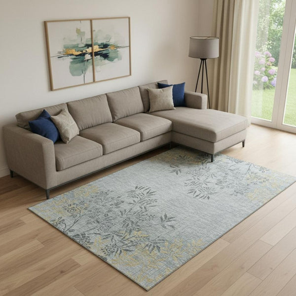 HomeRoots 9' X 12' Gray and Gold Floral Area Rug – Stylish, Washable, UV-Protected for High-Traffic Spaces 655637