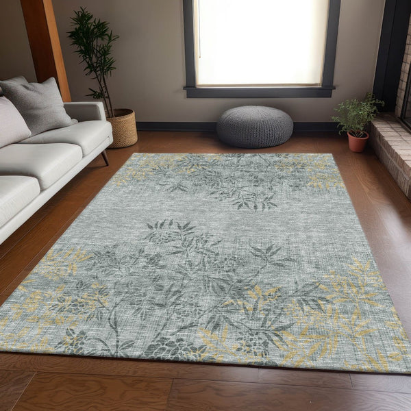 HomeRoots 9' X 12' Gray and Gold Floral Area Rug – Stylish, Washable, UV-Protected for High-Traffic Spaces 655637