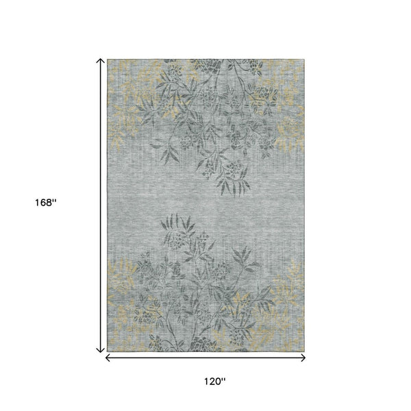 HomeRoots 10' X 14' Gray and Gold Floral Area Rug - Washable, UV Protected, Durable for Homes with Kids & Pets 655638