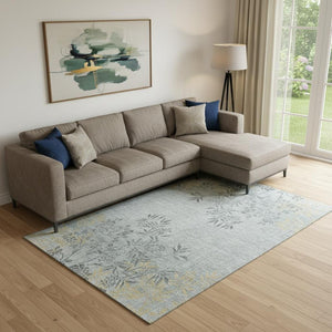 HomeRoots 10' X 14' Gray and Gold Floral Area Rug - Washable, UV Protected, Durable for Homes with Kids & Pets 655638