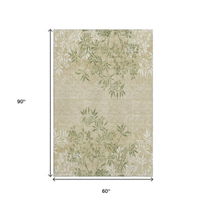 HomeRoots 5' X 8' Khaki Green Ivory Floral Area Rug - Washable, UV Protected, Stain Resistant for Busy Homes 655640