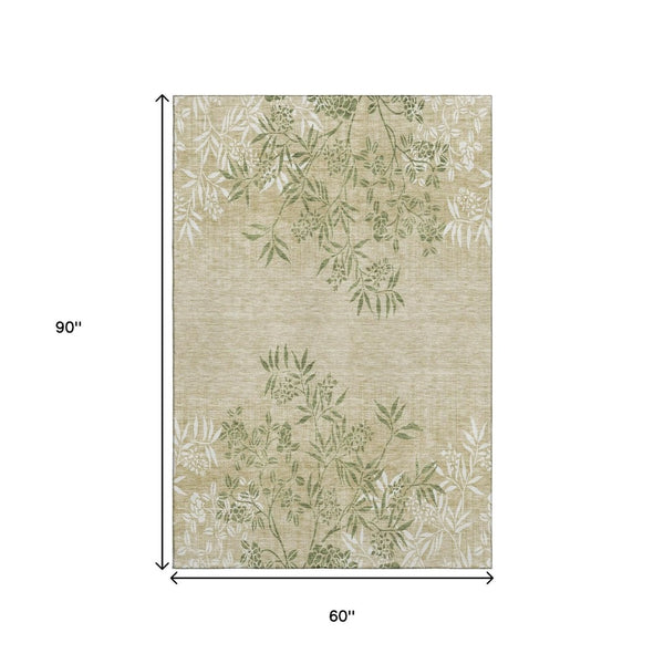 HomeRoots 5' X 8' Khaki Green Ivory Floral Area Rug - Washable, UV Protected, Stain Resistant for Busy Homes 655640