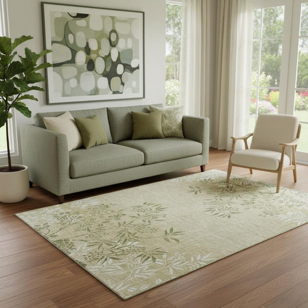 HomeRoots 5' X 8' Khaki Green Ivory Floral Area Rug - Washable, UV Protected, Stain Resistant for Busy Homes 655640