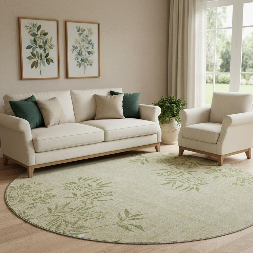 HomeRoots 8' Khaki Green & Ivory Floral Washable Round Rug - Durable, Stylish, Stain-Resistant & UV Protected! 655641