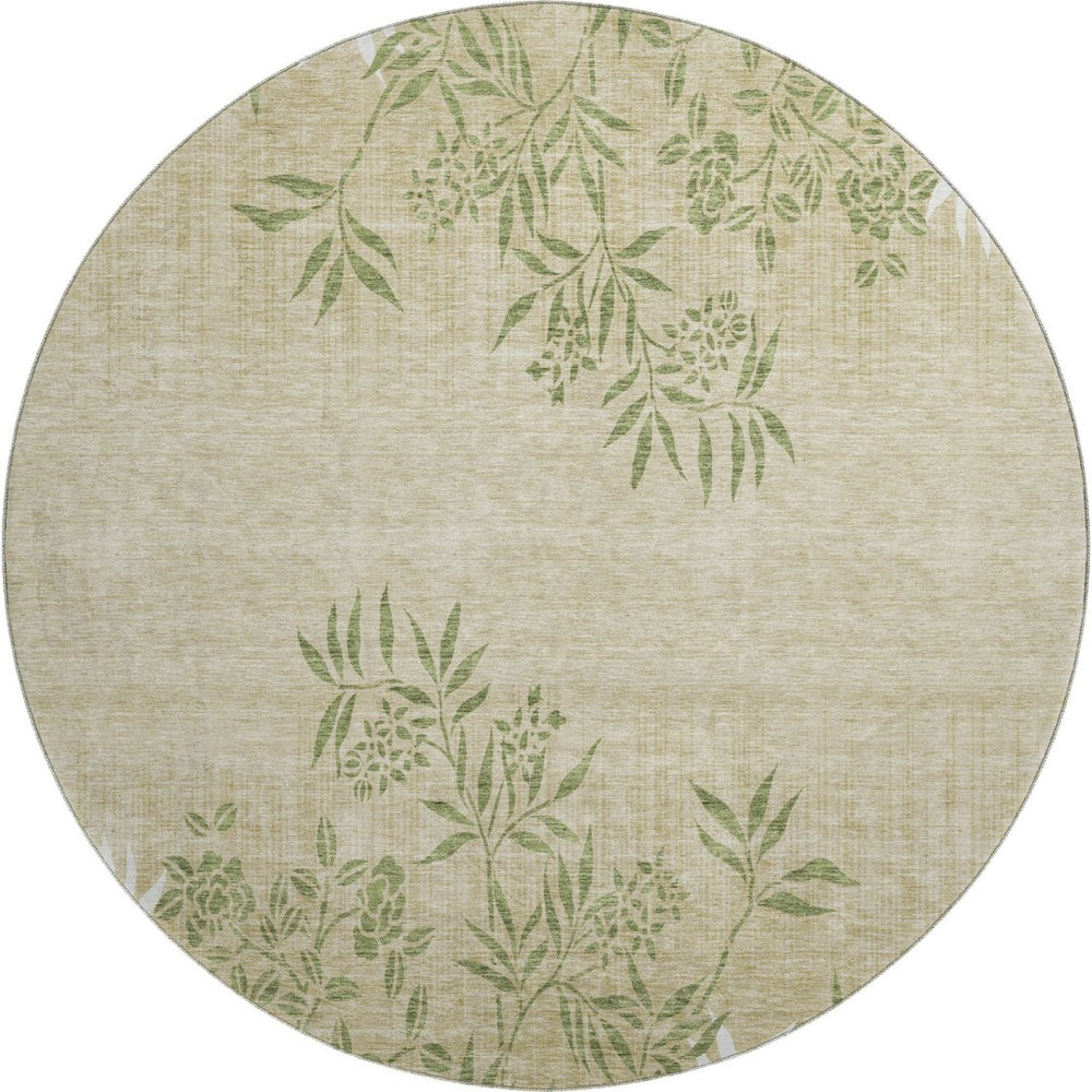 HomeRoots 8' Khaki Green & Ivory Floral Washable Round Rug - Durable, Stylish, Stain-Resistant & UV Protected! 655641