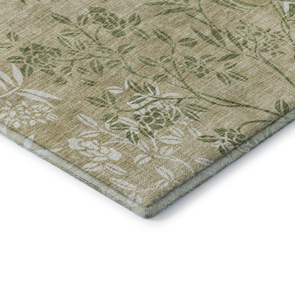 HomeRoots 8' Khaki Green & Ivory Floral Washable Round Rug - Durable, Stylish, Stain-Resistant & UV Protected! 655641