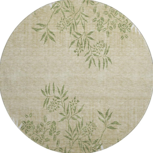 HomeRoots 8' Khaki Green & Ivory Floral Washable Round Rug - Durable, Stylish, Stain-Resistant & UV Protected! 655641