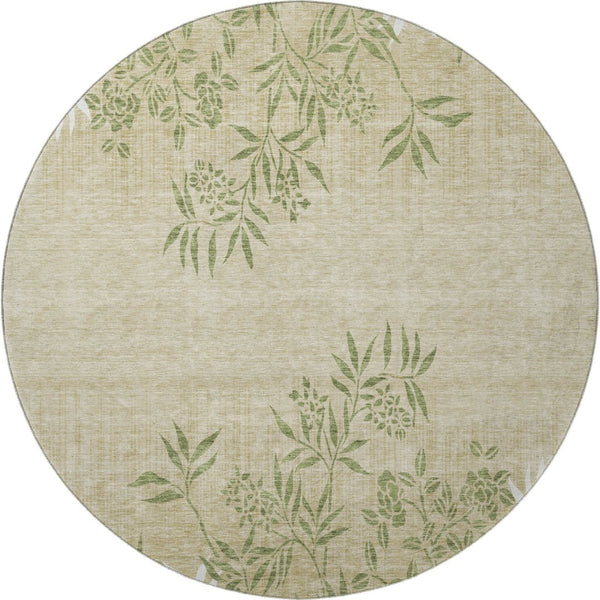 HomeRoots 8' Khaki Green & Ivory Floral Washable Round Rug - Durable, Stylish, Stain-Resistant & UV Protected! 655641