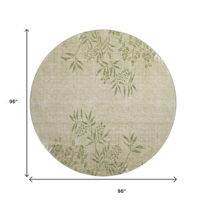 HomeRoots 8' Khaki Green & Ivory Floral Washable Round Rug - Durable, Stylish, Stain-Resistant & UV Protected! 655641