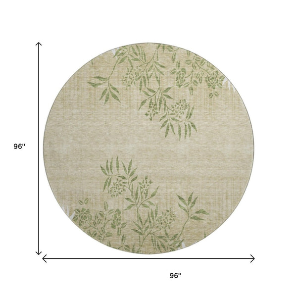 HomeRoots 8' Khaki Green & Ivory Floral Washable Round Rug - Durable, Stylish, Stain-Resistant & UV Protected! 655641