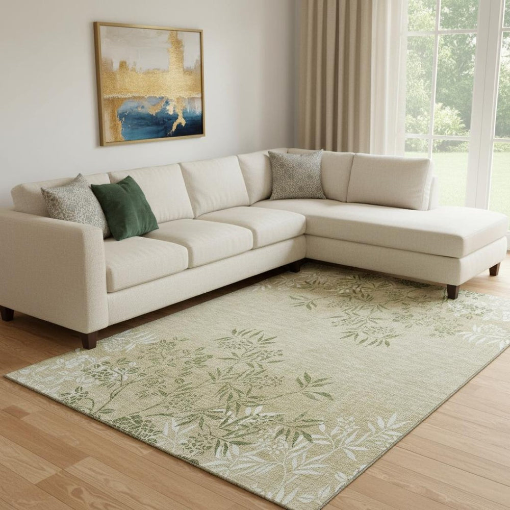 HomeRoots 8' X 10' Khaki Green Floral Area Rug - Washable, UV Protected, Perfect for High-Traffic Spaces! 655642