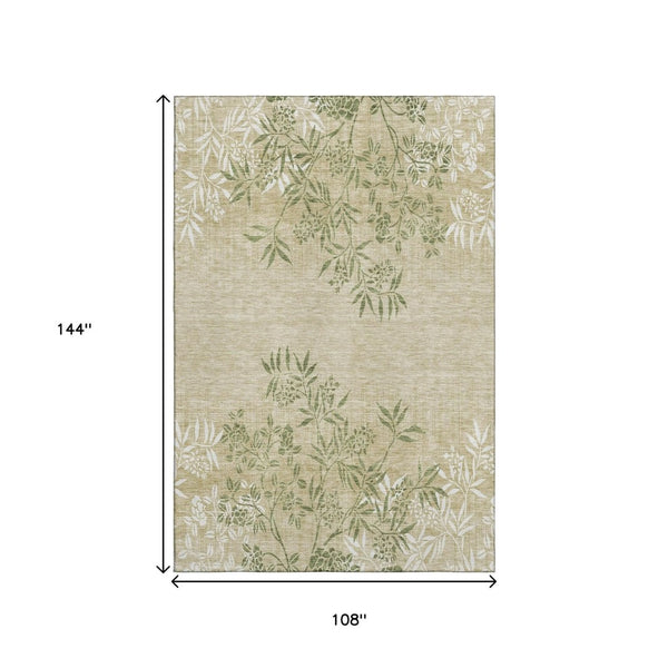 HomeRoots 9' X 12' Floral Area Rug in Khaki Green & Ivory - Stain Resistant, UV Protected, Machine-Woven Elegance 655643
