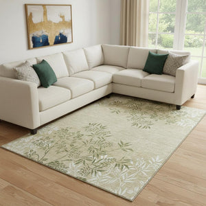 HomeRoots 9' X 12' Floral Area Rug in Khaki Green & Ivory - Stain Resistant, UV Protected, Machine-Woven Elegance 655643